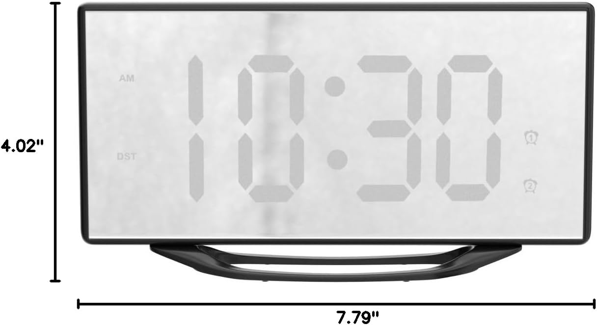 Dimensions of the PPLEE Digital Alarm Clock, showing 7.79 inches width and 4.02 inches height.