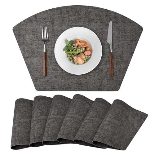 Round Table Placemats Set of 6, Faux Leather Wedge Place Mats, Black