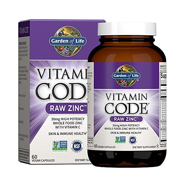 Garden-of-Life-Vitamin-Code-Raw-Zinc-30mg-Whole-Food-Zinc-Supplement-Vitamin-C-Trace-Minerals-Probiotics-for-Immune-Support-Certified-Vegan-Non-GMO-Gluten-Free-Zinc-Supplements-60-Capsules Garden of Life Zinc Supplements 30mg High Potency Raw Zinc and Vitamin C Multimineral Supplement, Vitamin Code / Trace Minerals & Probiotics for Skin Health & Immune Support, 60 Vegan Capsules