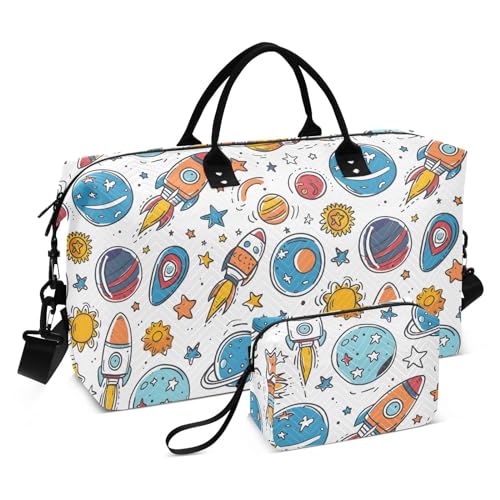 Weekender Bags Travel Duffel Gym Bag Space Elements Carry on Overnight Tote Bag with Toiletry Bag for Airplane Travel Trip Gym Yoga