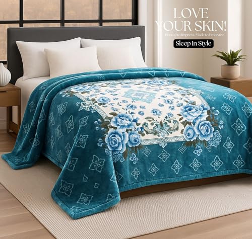 Image of VAS COLLECTIONS Plush Fleece Mink Blanket | 3.5 Kg, 700 GSM | Ultra Soft, Warm & Luxurious Heavy Blanket for Double Bed (Blue & Peach, 220x225 cm)