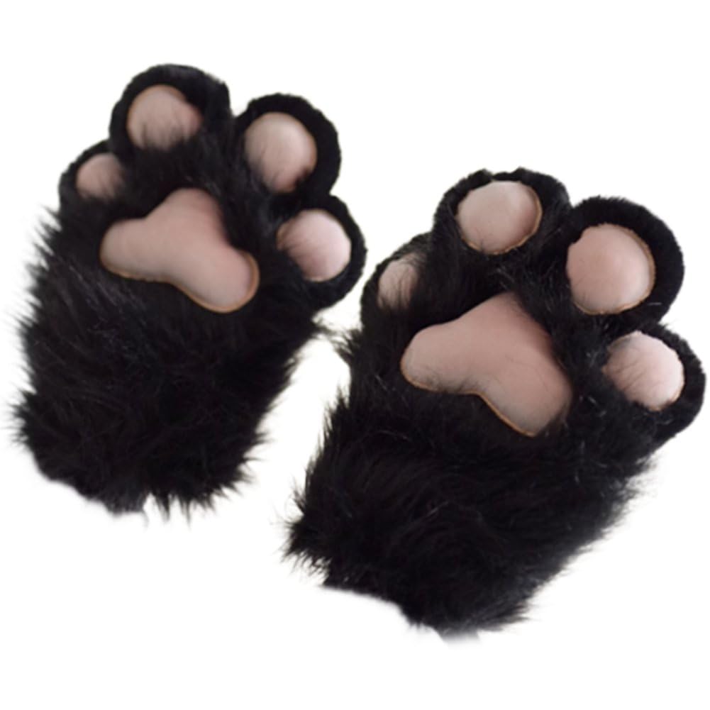 Uzztfa Black Plush Furry Cat Claw Gloves Cat Paws Mittens For Halloween Cosplay Costume Accessories Party Animal Cosplay Accessories For Adults