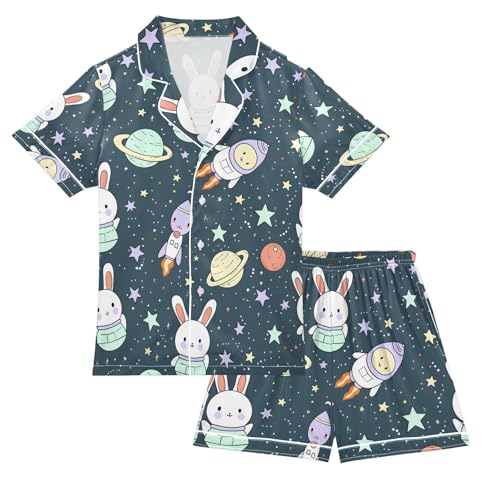 ALAZA Space Rabbit Spaceship Pajamas Satin Pajama Set Short Sleeve Button Down Sleepwear
