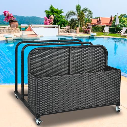 Poolside Float Storage Organizer, Pool Toy Storage Holder with Wicker Basket Outdoor Pool Float Holder Storages Rack Rolling Caddy Cart Raft Holder Storages Rack for Poolside Noodles Equipment Black