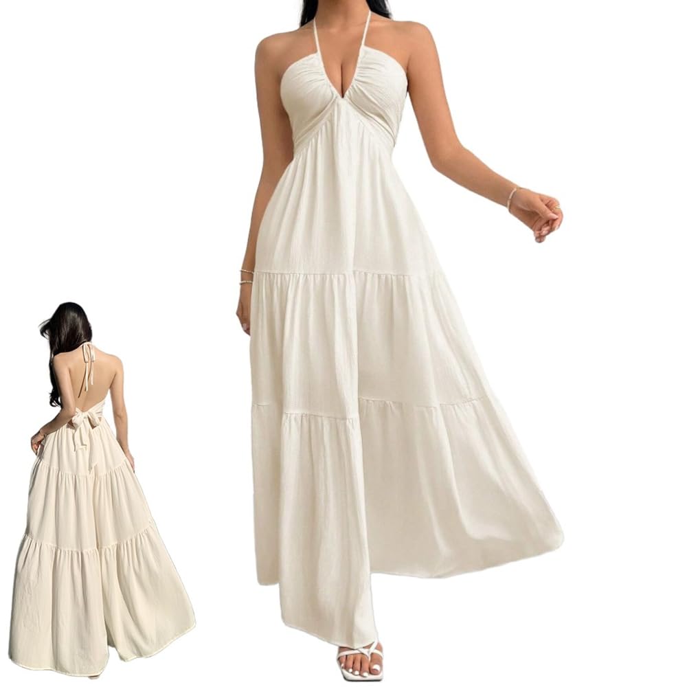 QWSYGH 2025 Women Halter V Neck Backless Long Dresses Flowy Adjustable Spaghetti Strap Ruffle Sexy Beach Beach Sundress (Apricot,M)