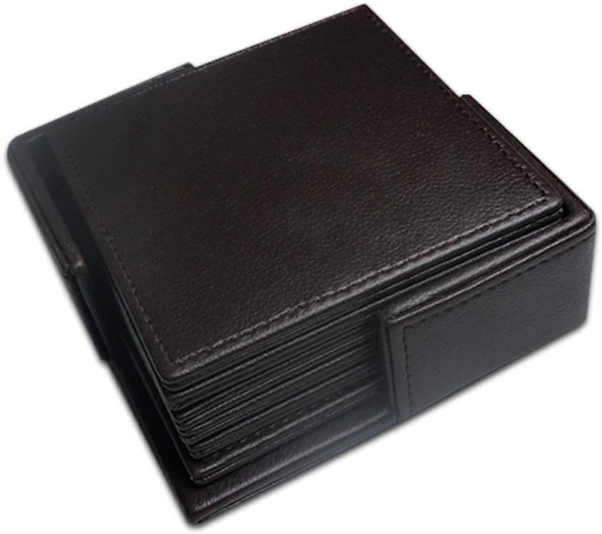 Square Tea Coasters Pack of 6 with Holder for bar, Home, Office, Genuine/Real Leather, Non-Slip, Heat Resistant Coasters, bar Coasters, Drink Coasters. (Black)