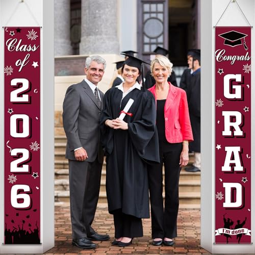 Chinco Graduation Decorations Class of 2026 Graduation Banners Congrats Grad Porch Sign Congratulation Banner Backdrop Welcome Door Sign Hanging Decoration for 2026 Grad Party Wall Door Yard(Wine Red) — view 4