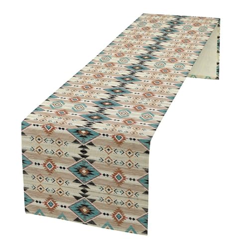 Southwest Tribal Aztec Table Runner, Blue Boho Native American Geometric Table Runner for Farmhouse Cafe Garden Wedding Party Holiday Dinner Home Kitchen Decor 13x36in