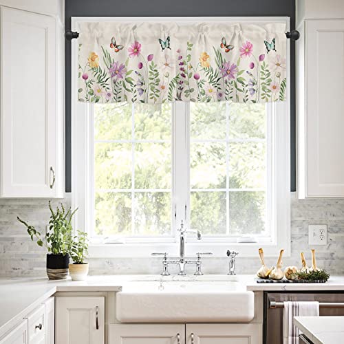 Cycoshower Valance Curtains For Small Kitchen Windows Rod Pocket Window Valances Summer Flower Vintage Butterfly Topper Curtain Valances For Living Room Bedroom 1 Panel 54Wx18L #TOP1