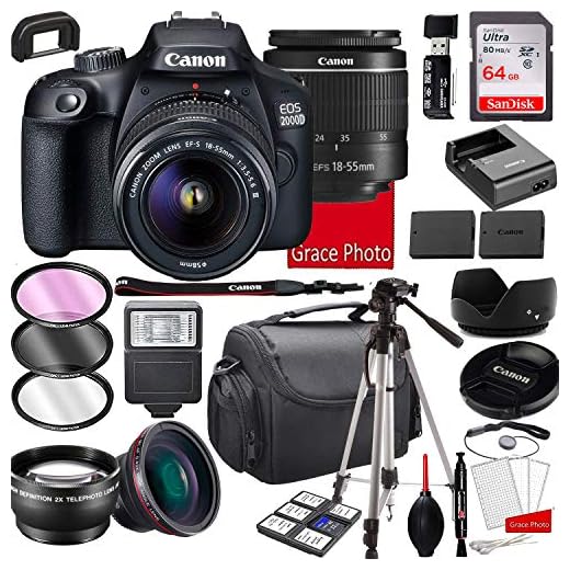 Canon EOS 2000D (Rebel T7) DSLR Camera with 18-55mm f/3.5-5.6 Zoom Lens , 64GB Memory,Case, Tripod and More (28pc Bundle)