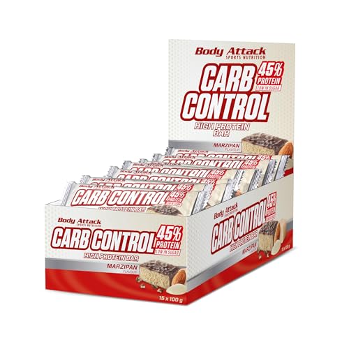 Body Attack Carb Control Marzipan - 15 x 100 g Riegel - Fitness Protein Riegel mit mehr als 45% Eiweiß aus Milch- und Molkenisolat - Mit Vitamin B1, B2, B6, B12, Folsäure & Niacin - zuckerarm