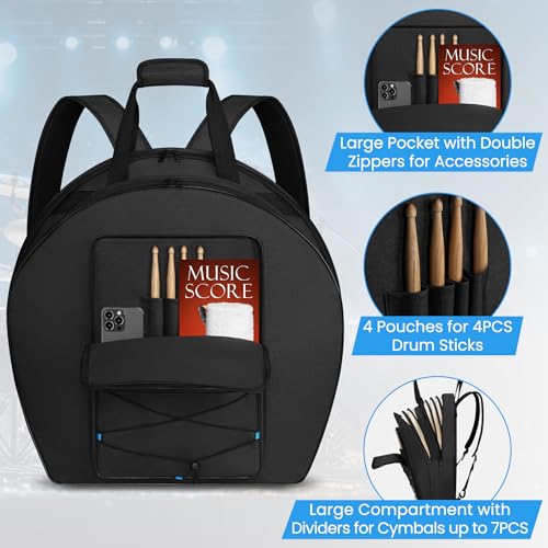 Aleemin 22" Cymbal Bag Backpack with Thick Padded Dividers, Double Layer Cymbal Gig Bag with Backpack Strap and Carrying Handle, Cymbal Soft Case with Multi-pocket for Cymbals and Accessories - Thumbnail 4