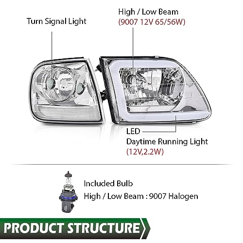 Image of GRAND ORANGE Headlights Assembly & Corner Parking Lights Kit Compatible with 1997-2004 Ford F150 /1997-2002 Ford Expedition / 1997-1999 F250 Clear Lens Chrome Housing Clear Reflector