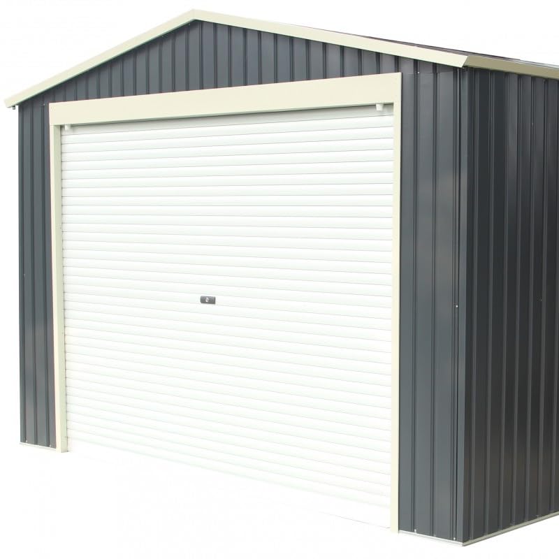 Garage en Métal Anthracite 15,14 m², 449,5 x 339 x 243 cm, 216,5 kg, avec Porte Enroulable en Aluminium et Porte de Service Latérale