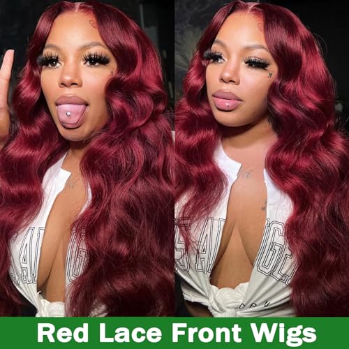 Image of MUZOJET 99j Burgundy Lace Front Wigs Human Hair 13x6 Body Wave Lace Front Wigs Human Hair Pre Plucked Glueless Red Wig Wine Red Wigs for Women Reddish Brown 180 Density 30 Inch
