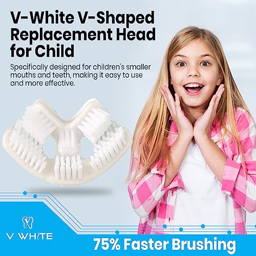 V-White V-Shaped Replacement Head for Ultrasonic Toothbrush - New Improved Design, 75% Faster, Effective Whole Mouth Deep Clean & Massage, Thinner Soft Food Grade Silicone Bristles - Child (1-Pack)