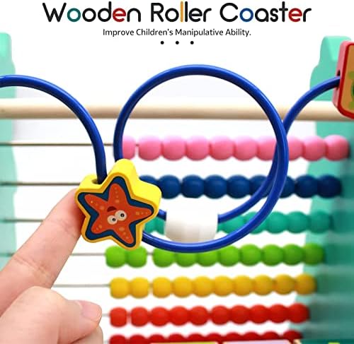 NUKied Wooden Bead Maze Toys 3 in 1 Wooden Toys Abacus Beads Maze Roller Coaster Dolphin Animal Circle Toys Activity Centre Early Educational Montessori Toys Gift for Kids Toddlers Boys Girls
