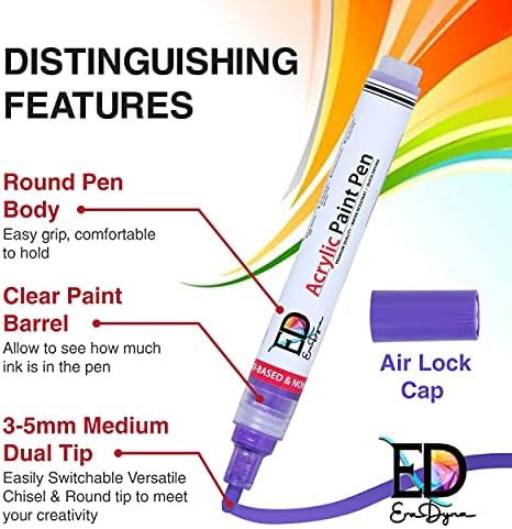 EraDyna Pack of 18 Acrylic Paint Pens | Waterproof Permanent Paint Pens with Reversible 2-5 mm dual tips for Glass, Ceramic, Rock Painting, Canvas, Mugs, Paper, Fabric, Wood, and DIY Craft
