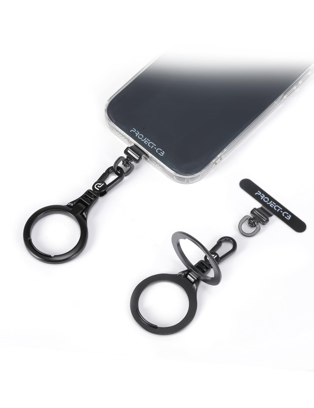 project-cb Phone Lanyard Metal Tether Tab, Phone Stand, Strap Patch, Phone Key Ring Holder (Black-T)