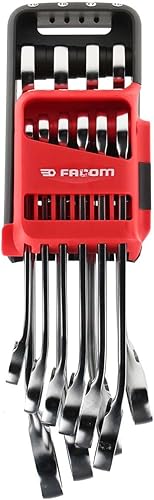 Facom 467B. JP10 - Llave combinada de trinquete métrica con juego imperial, plateado, juego de 10 piezas