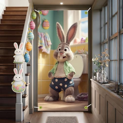 Image of Easter Door Cover Funny Bunny Bathroom Door Banner Happy Easter Door Covers for Front Door Spring Easter Door Decorations 35x71 Inch