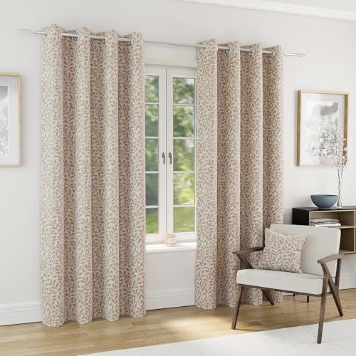 Enhanced Living Sherwood Natural Jaquard Leaf Design Eyelet 100% Blackout Curtains 66 x 54 inch (168x137cm) Thermal Noise Reducing Eyelet Curtains for Bedroom and Living Room