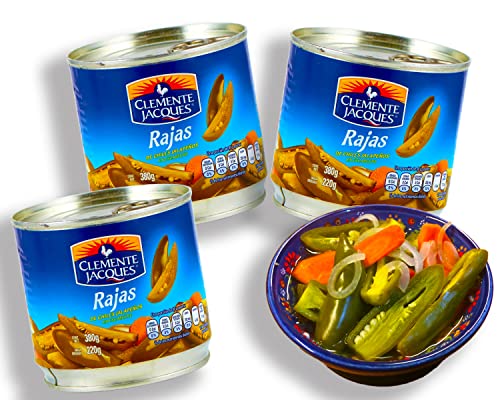 Jalapenos eingelegt Chilli Schoten Streifen - (Pack von 3) je 380gr scharfe Jalapeno Streifen aus Mexiko von Clemente Jacques