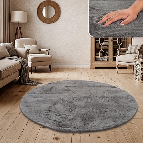Paco Home Hochflor Teppich Wohnzimmer Schlafzimmer Shaggy Modern Flauschiger Fellteppich Weich Fell Imitat Kunstfell Einfarbig, Grösse:120 cm Rund, Farbe:Anthrazit