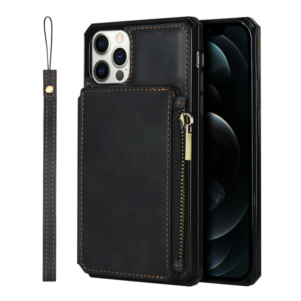 Portefeuille iPhone 11 zippé anti-perte avec porte-cartes et sangle pour éviter les chutes