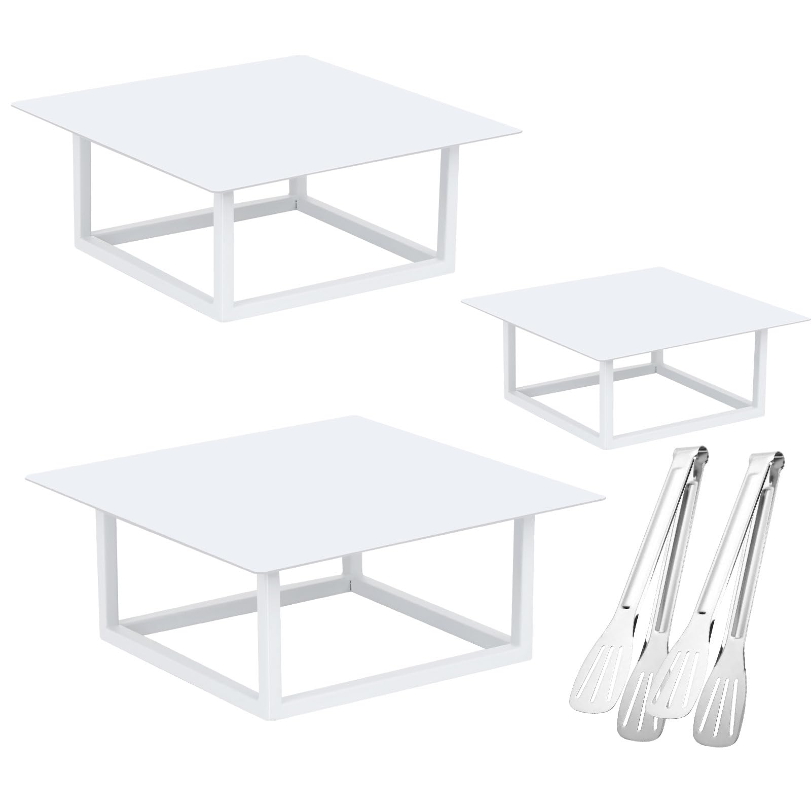 Dualshine 3 Pcs Square White Cake Stand Set, 8" 10" 12" Elegant Wedding Cake Stands & Dessert Table Display - Perfect for Birthday, Wedding Reception & Party Decor - Includes 2 Silver Tongs (Metal)