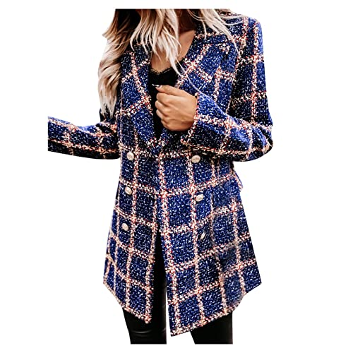 ACemt Damen Blazer Kariert Wolle - Langarm Blazer Mantel Mode Coat Freizeit Business Jacke Mit Taschen Knöpfe Revers Mäntel