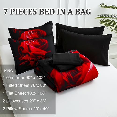 WONGS BEDDING Red Comforter Set King, Reversible Red Rose Printed 7 Pieces Bed in a Bag, Lightweight Soft Microfiber Comforter Bedding Sets with Comforter, Flat Sheet, Fitted Sheet, Pillowcases&Shams by WONGS BEDDING - Used condition - Image 4