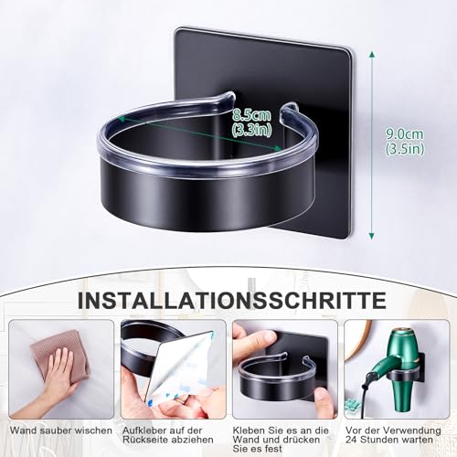 WAYASI Föhnhalter Wand Ohne Bohren, Föhn Halterung Aufbewahrung, Fönhalterung Wandhalterung, Halterung für Fön, Selbstklebend Haartrocknerhalter für Bad Barbershop Hotel (Schwarz)