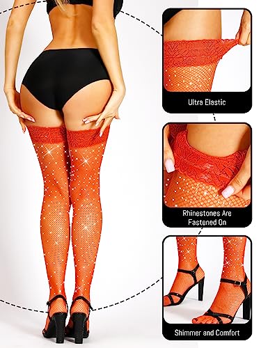 Image of HONENNA Rhinestone Fishnets Thigh High Stockings, 20+ Colors Sparkle Fishnet Tights for Women Small Fish Net Glitter