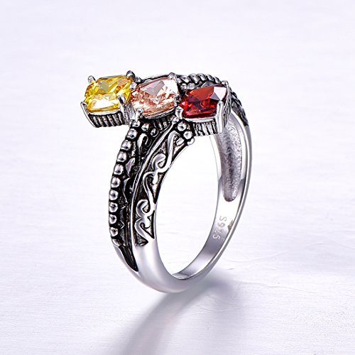 Vintage Black Oxidized Finished 925 Sterling Silver Rings for Women, 3 Stone Chakra Engagement Ring, Boho Simulated Gemstone Promise Ring for Her3