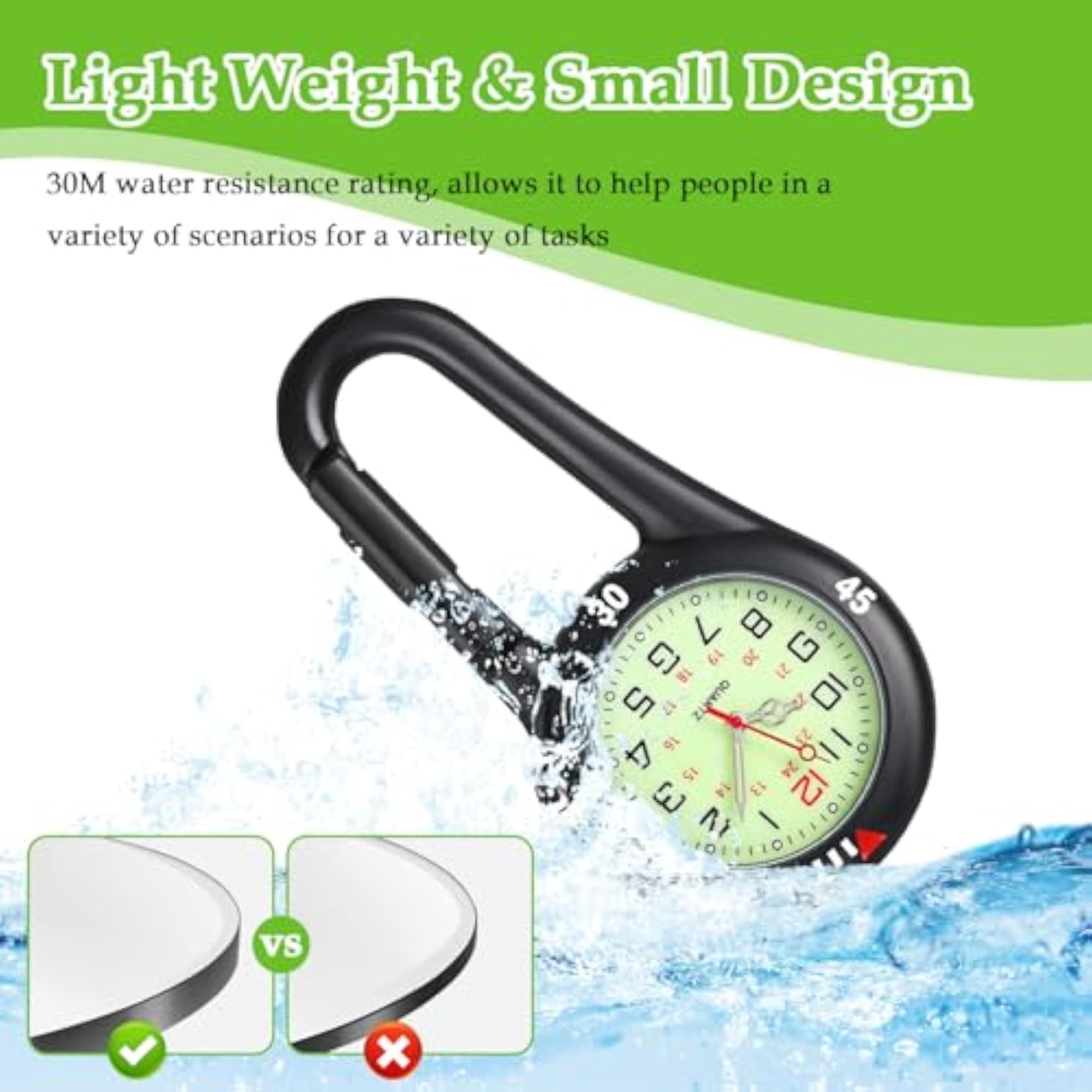 Pocket FOB Clip On Carabiner Watch, Black