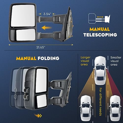 Towing Mirrors for Ford F-250 F-350 F-450 F-550 Super Duty 1999-2016 with Smoke Turn Signal Manual Folding Telescoping, w/o Heated (1 Pair)