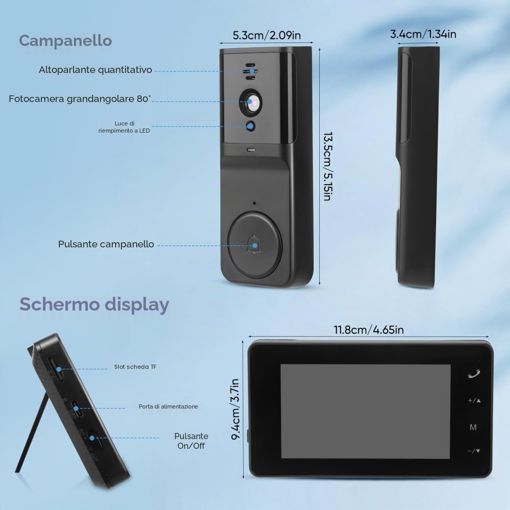 Video Campanello con Telecamera, 1080P HD Wireless Campanello, IP65 Impermeabile, Display IPS da 4,3" con Citofono e Visione Notturna, Angolo di Rilevamento 80° (Nero)