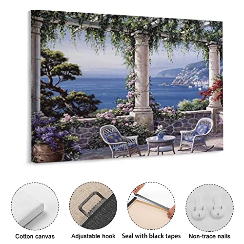 Mediterranean Landscape Painting Modern Art Seascape Terrace Poster Canvas Wall Art Prints For Wall Decor Room Decor Bedroom Decor Gifts 8X10Inch(20X26Cm) Frame-Style #TOP2