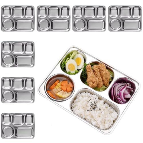 Ceiteo Stainless Steel Divided Dinner Plates Set of 8, Metal Food Trays Serving Plate with 5 Compartment for Adults, Picnic Ceiteo Stainless Steel Divided Dinner Plates Set of 8, Metal Food Trays Serving Plate with 5 Compartment for Adults, Picnic