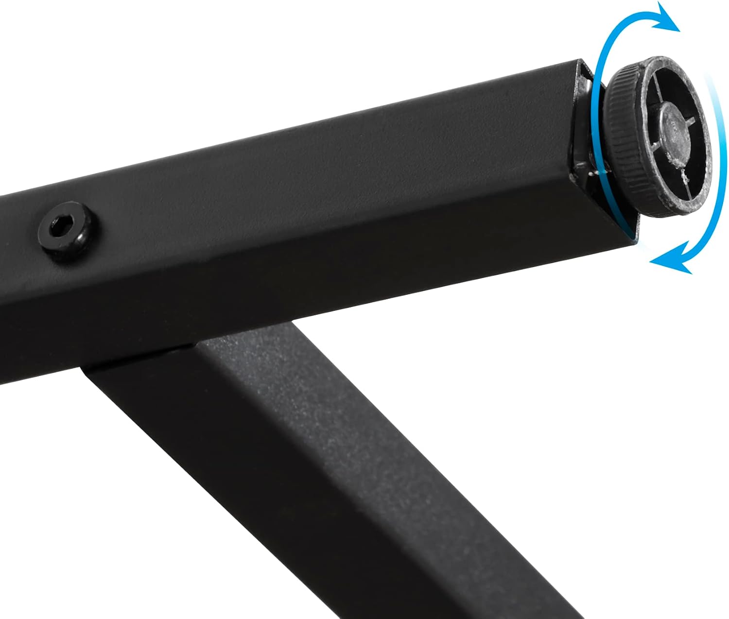 Close-up of an adjustable foot pad on a desk leg, with arrows indicating rotation for height adjustment.