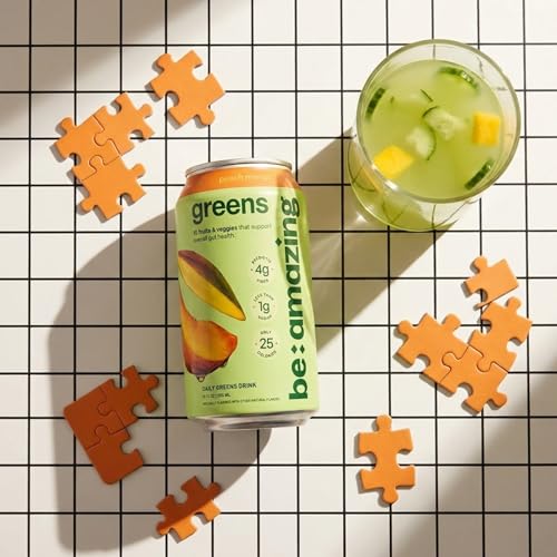 Image of Be Amazing Greens Drink, Peach Mango, Ready to Drink, 10 Organic Fruits & Vegetables, Coconut Water, Vitamin C, Prebiotic Fiber, 25 Calories, Low Sugar, Vegan, Gluten Free, On the Go, 8 Pack
