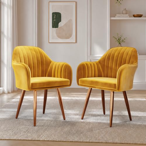Image of Vergo Plush Velvet Dining Chair, Cushion Seat, Wooden Frame, Metal Legs, Premium Accent Chair for Living Room, Bedroom, Dining Room, Cafe & Restaurant (Set of 2, Yellow)