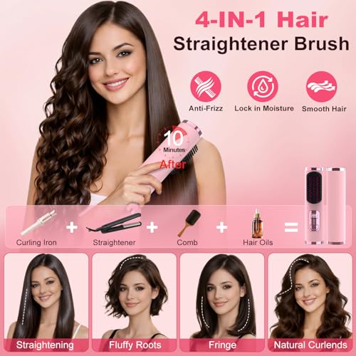 Image of Cordless Hair Straightener Brush, Portable 500 Million Ions Smooth Straightening Brush, Rechargeable 4-IN-1 Go Brush, MCH Fast Heating, 5D Dense Bristles, LED Display, Anti-Scald for Women Home Travel