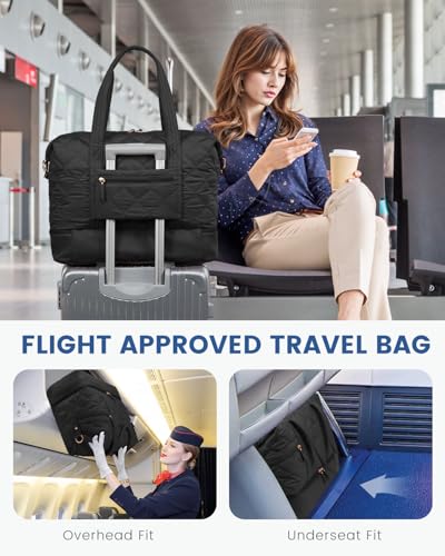 LOVEVOOK Travel Duffle Bag, Lightweight Weekender Bags for Women with Shoe Compartment, Puffer Gym Bag Personal Item Travel Bag, Quilted Overnight Bags and Hospital Bag for Labor and Delivery, Black3