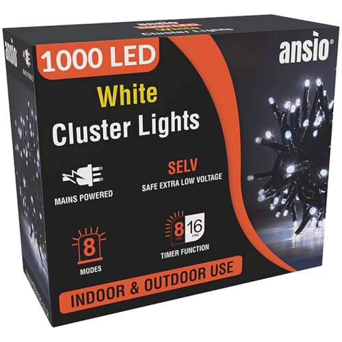 ANSIO® Christmas Lights 1000 LED 12m/39ft Cluster Christmas Tree Lights for Indoor & Outdoor Cool White Decorations Fairy Lights with Timer for Xmas Garden Bedroom & Party | Mains Powered Green Cable…
