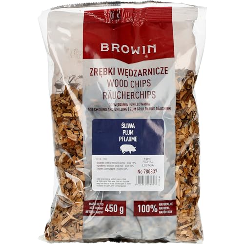 BROWIN® Fichas de incienso de ciruela 450 g 780837 | madera ahumada 6-8 mm para carne de cerdo | virutas para ahumar y asar | chips para ahumar, parrilla de gas y barbacoa