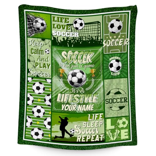 Custom Soccer Blanket - 40x50 Inches Sports Throw Blanket for Boys Kids - Green Soft Fuzzy Blankets for Couch, Sofa & Office