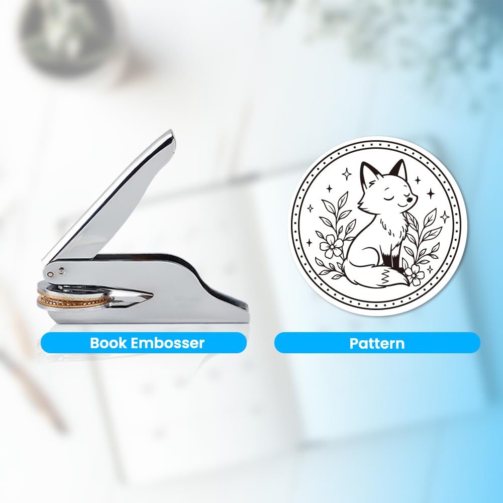 ANATTASOUL Timbro per Libri Personalizzato Embosser Libri Di Volpe, Timbro Biblioteca Resistente con Manico per Libro, Biblioteca, Buste, Documenti, Inviti (Include 100 Adesivi Oro)