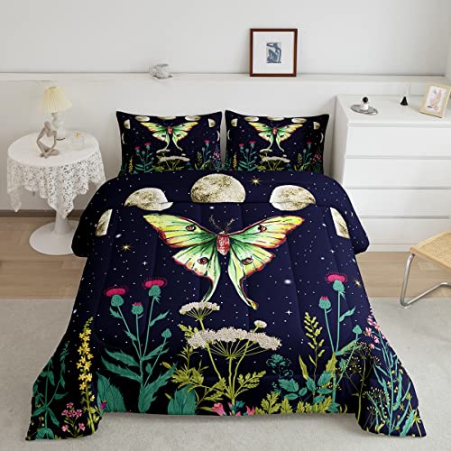 Death Moth Comforter Set Twin for Women Men Boys Gothic Decor Bedding Kids Girls Moth Skull Quilted Duvet Spring Summer Floral Botancial Moon Print Down Comforter Exotic Animal Moths Bedddin
